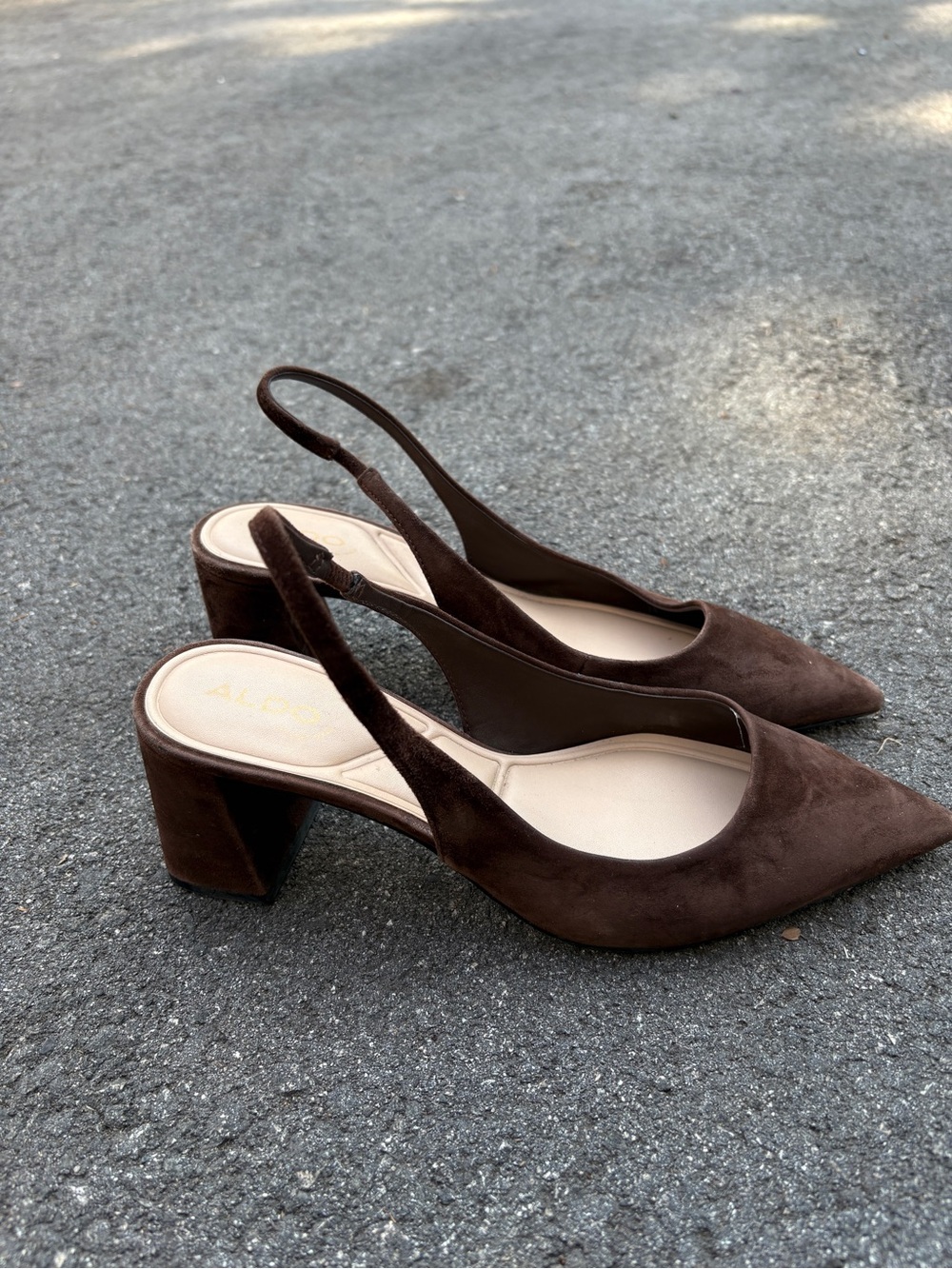 Aldo Dark Brown Suede Slingback Block Heels